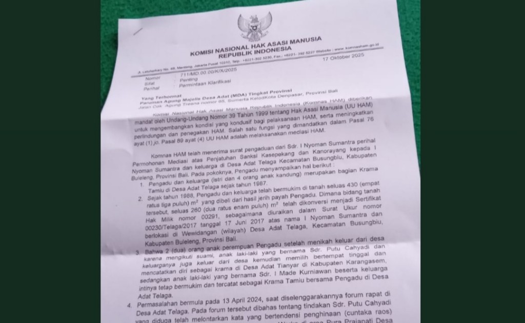 Dokumentasi dari - Surat dari Komnas HAM Untuk MDA Bali, terkait Kasepekang Desa Adat Telaga