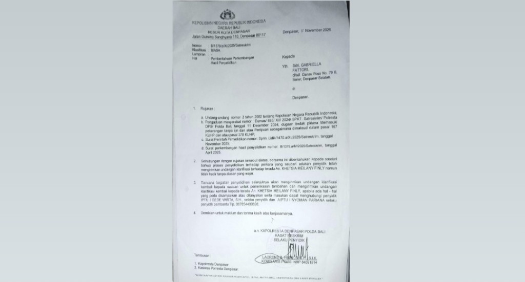 Dokumentasi dari - Polresta Denpasar Terbitkan Surat Resmi: Terlapor Kasus Dugaan Penipuan Sewa Villa Wajib Hadir untuk Klarifikasi