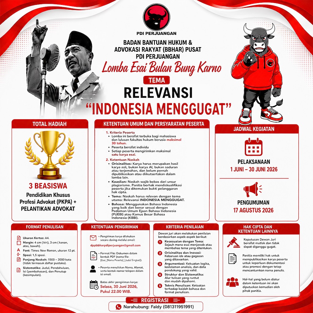 Bulan Bung Karno; BBHAR PDI Perjuangan Gelar Lomba Esai Nasional Berhadiah Beasiswa Profesi Advokat